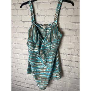 Banana Republic Ruffle Silky V Neck Tank Woman Size 2 Aqua Gray White Stripes